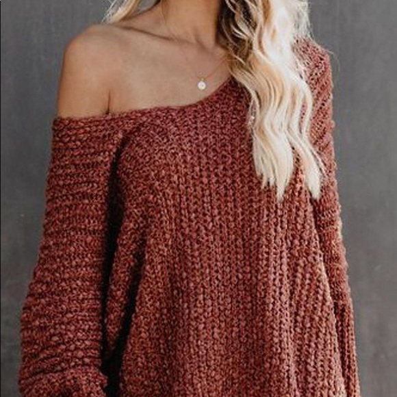 Cozy Rust off the shoulder v-neck sweater - Picture 3 of 5